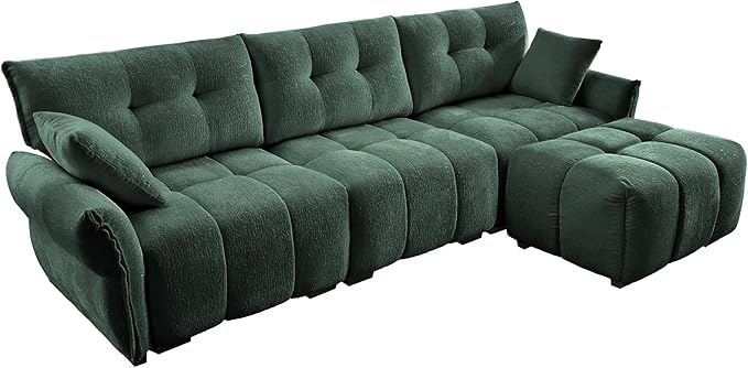 Modern Chenille Fabric 3-Seat Sofa w/Ottoman+2 Pillows, Premium Upholstery Living Room Couch with Tufted Backrest & Comfortable Armrests and High-Resilience Memory Foam Cushions,Green