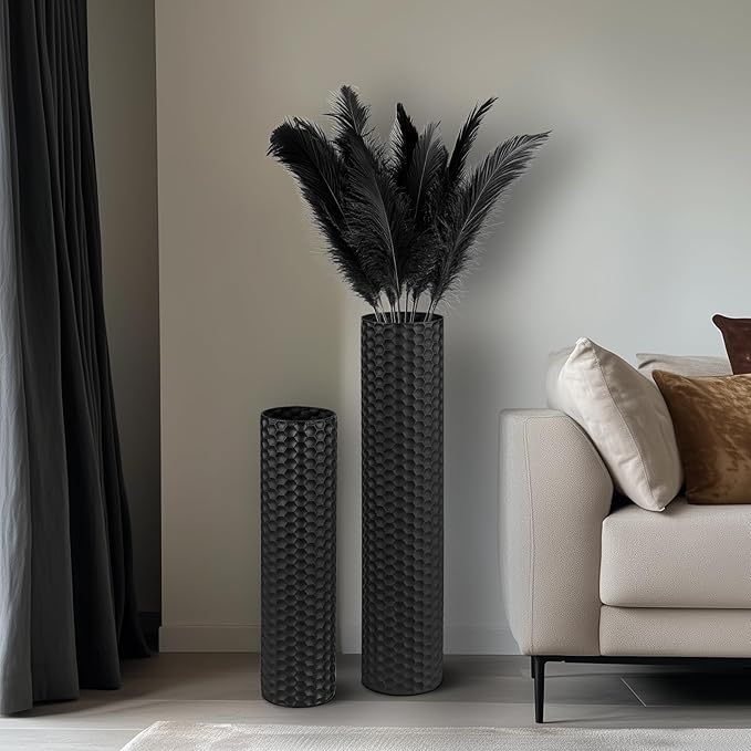 Sziqiqi Black Tall Floor Vase: 27.6/21.7in Metal Cylinder Vases Extra Large Decorative Vase Set of 2 Living Room Modern Honeycomb Texture Big Standing Decor for Dining Bedroom Home Corner Indoor