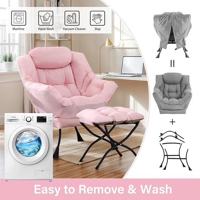 Lazy Chair with Ottoman, Large Modern Lounge Accent Chair with Armrests and Footrest, Reading Armchair with Ottoman, Leisure Sofa Chair for Living Room, Bedroom, Dorm Room, Office (Pink)