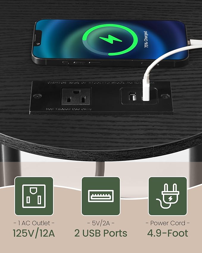 Small Round Side Table with Charging Station, 3-Tier Round End Table for Small Spaces, Nightstand for Living Room, Bedroom, Black TBZ06UBB