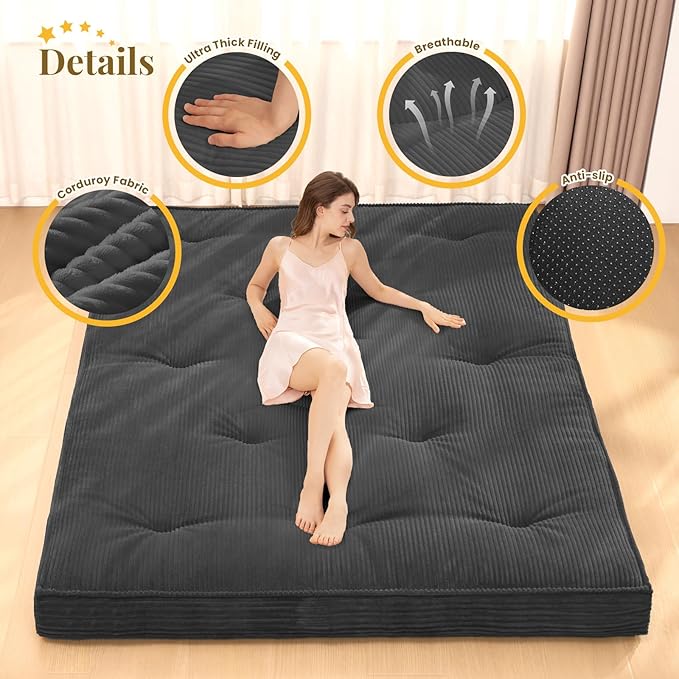 Japanese Floor Mattress, 4" Thicken Futon Mattress Queen Size Sleeping Pad, Corduroy Foldable Mattress Pad Roll Up Tatami Mat Floor Mattress for Adults（Grey）