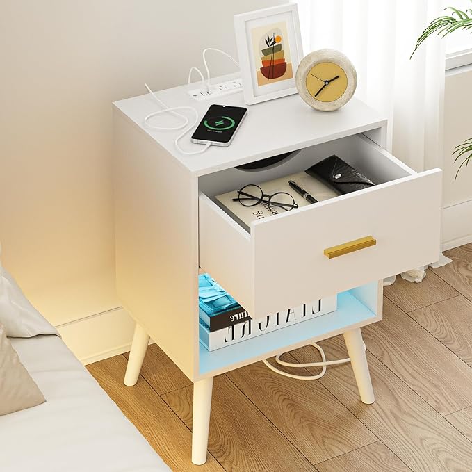 Nightstand with Charging Station and LED Lights, Small Side Table, Bedside Table with Drawer, Modern Night Stand, End Table for Bedroom, Living Room (White)