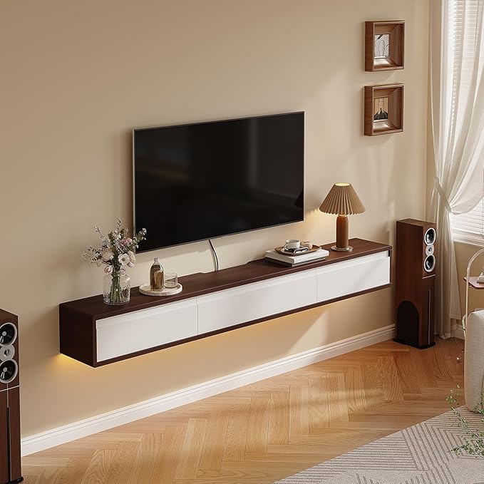 Floating TV Stand High Gloss,86'' Wall-Mounted TV Cabinet,Floating TV Console,Under TV Shelf with 3 Doors for Living Room Bedroom(Walnut+White)