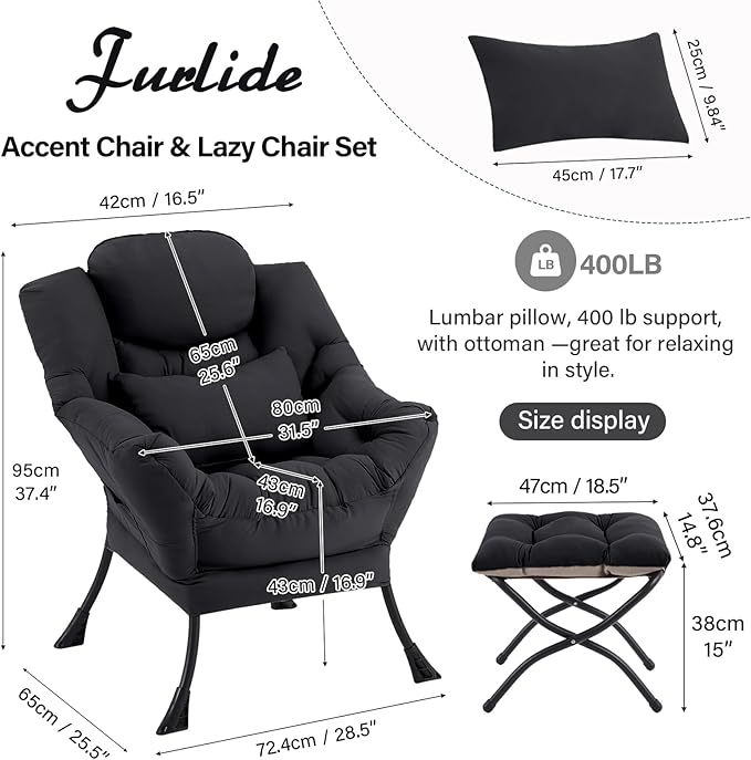 Lazy Chair with Ottoman, Comfy Fabric Accent Lounge Arm Chair with Lumbar Pillow and Folding Footrest, Reading Leisure Sofa Chair for Bedroom, Living Room, Dorm,Black