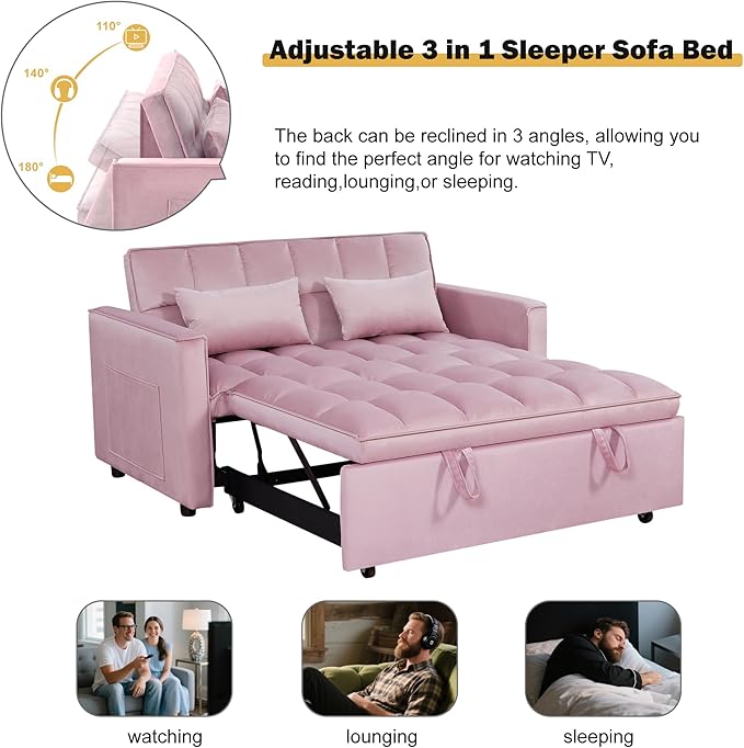 3 in1 Sofa Bed, Pull-Out Sleeper Sofa Bed with 3-Level Adjustable Backrest, Velvet Fabric Convertible Love Seat Sleepers Beds for Living Room & Bedroom & Apartment, Pink