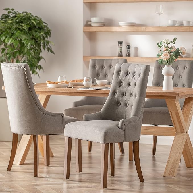 COLAMY Wingback Upholstered Dining Chairs Set of 6, Fabric Side Dining Room Chairs with Tufted Button, Living Room Chairs for Home Kitchen- Light Grey