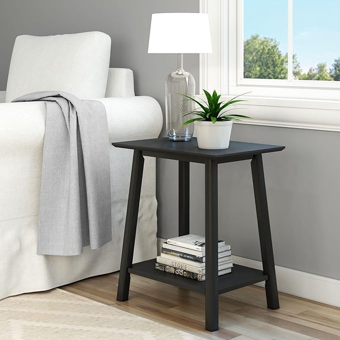 Plank+Beam Wooden Side Table with Storage, Mid Century Modern End Tables for Living Room, Small Solid Wood Nightstand, Bedside Tables, Bedroom Furniture, Black