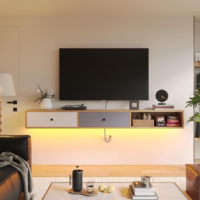 Modern Floating TV Stand with Doors, 55‘’ Wall Mounted Media Console Cabinet Under TV Shelf for Living Room Bedroom, Natural