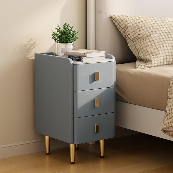 Narrow Nightstand with Drawers, Narrow Side Table Leather, Small Bedside Tables for Bedroom. (Dark Gray)