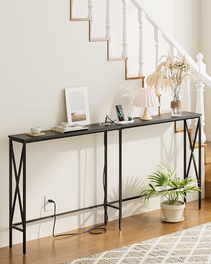 Masupu 70.9" Console Table with Power Outlet, Modern Narrow Long Sofa Table Behind Couch, Skinny Entry Table, Industrial Sofa Table with Metal Frame for Hallway, Living Room, Classic Black