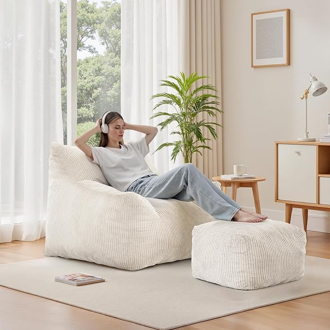 INMOZATA Bean Bag Chair for Adults, 3FT Beanbag Chair with Ottoman Pre-Filled Fluffy Lazy Chair Corded Fabric Accent Chair for Bedroom Living Room Dorm (Ivory)