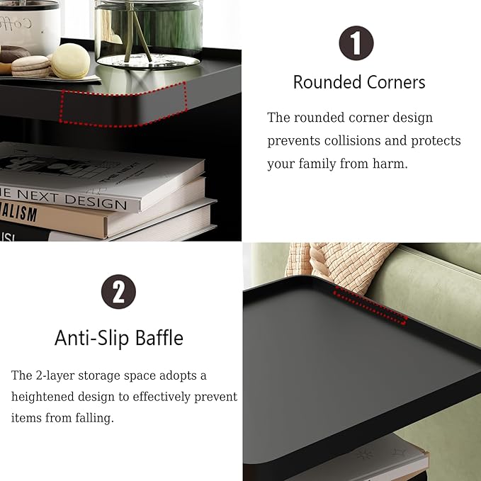 Black Modern Side Table, 2 Tier Small End Tables Bedroom, Metal Side Tables Living Room with 4 Legs, Black Nightstand Square Accent Table for Indoor Outdoor, Easy Assembly