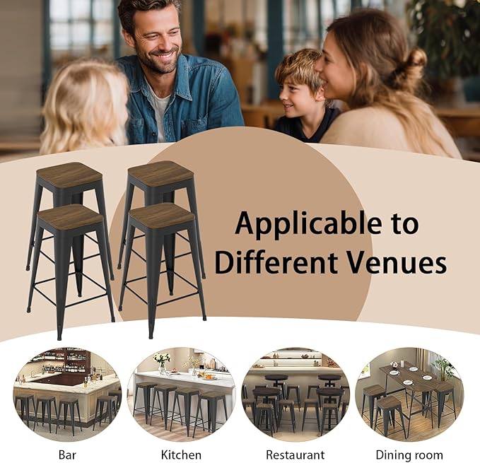 24 inch Backless Bar Stools Set of 4, Indoor Metal Bar Stools with Wood Seat, Industrial Counter Height Barstools for Kitchen Island, Black
