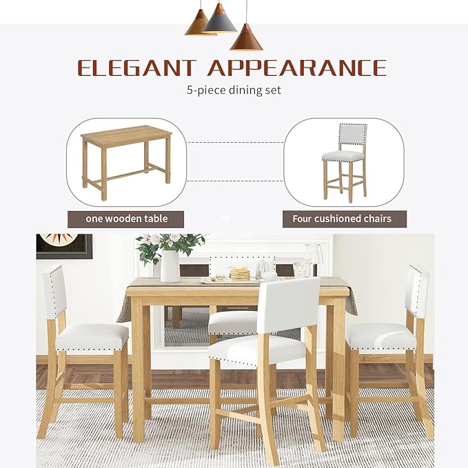 Ball & Cast 5 Piece Wood Dining Table Set with 4 Upholstered Chairs,Kitchen Table and Chairs for 4 W/ 52" Rectangle Desk,for Restaurant,Home Bistro,Natural Wood Wash