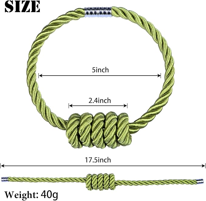 BEL AVENIR Magnetic Curtain Tiebacks, Decorative Drapery Holdbacks Modern Woven Tie-Backs with Exquisite Knot (Green, 4 Pack)