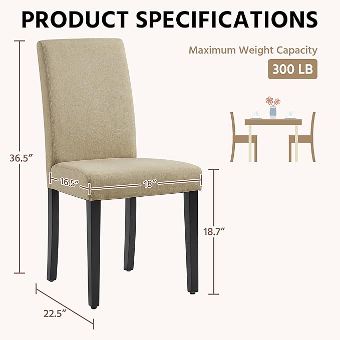 Yaheetech Dining Chairs Set of 2 Fabric Upholstered Parson Kitchen Chairs with Padded Seat and Solid Wood Legs for Dining Room/Restaurant, Khaki