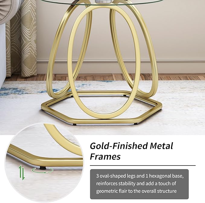 O&K FURNITURE Gold Modern Round Glass End Table with Hexagonal Base for Home & Office, 1 PC