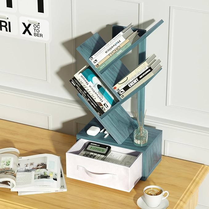 Small Book Shelf with Drawer,4 Tier Black Tree Bookshelf,Blue Desktop Bookcase,Modern Desk Display Storage Bookshelves,Floor Standing Organizer Bookcases for Living Room,Bedroom,Office