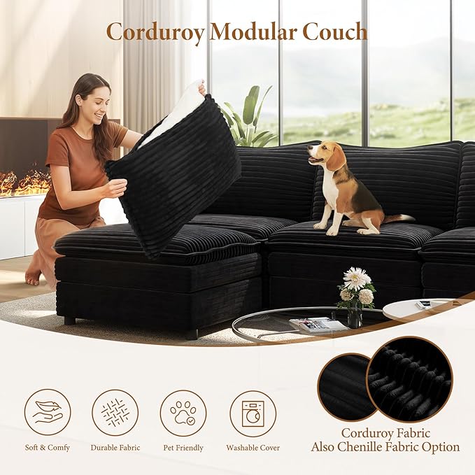 Vesgantti 142" Cloud Couch Sectional Modular Sofa, Comfy Sectional Couch with Ottoman Deep Seat Corduroy L Shaped Sofa, Modular Couches for Living Room, Bedroom and Apartment, Black