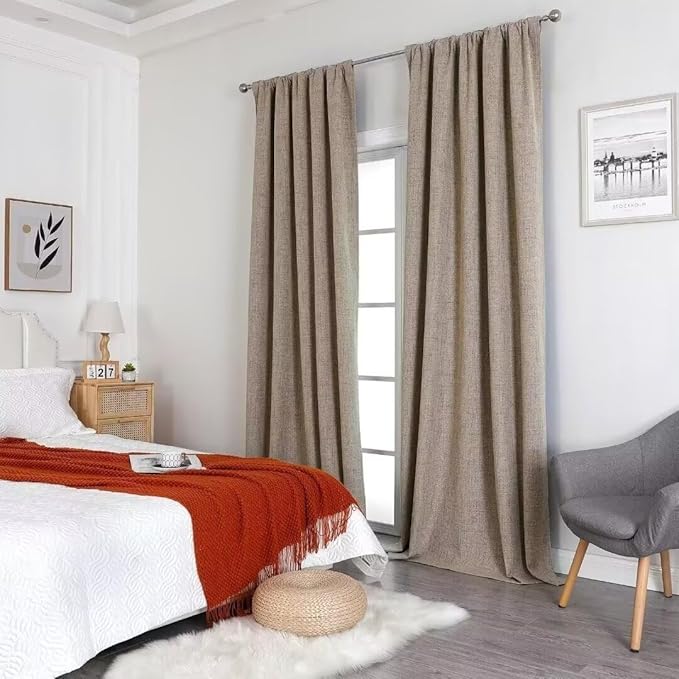 Joydeco Natural Linen Curtains 120 inch Length 2 Panels Set Burg 100% Blackout Patio Door Curtain Room Darkening Sliding Door Curtains Thermal Insulated Back tab Rod Pocket(105x120 inch, Linen)