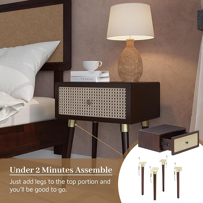 Bme Nipe Solid Wood and Rattan Nightstand, Fully Assembled, Woven Cane End Table, Bedside Table for Modern Bedroom, Boho Living Room with Tall Wood Legs Large Storage 1-Drawer, Walnut