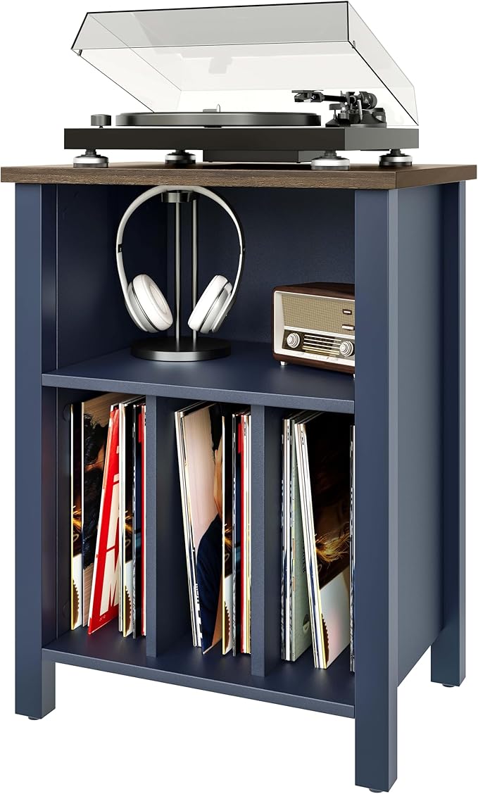 LIDYUK Record Player Stand, Vinyl Record Storage Table End Table with Display Shelf Holds up to 130 Albums, Large Nightstand Wood Turntable Stand Cabinet Side Table for Living Room, Bedroom, Blue