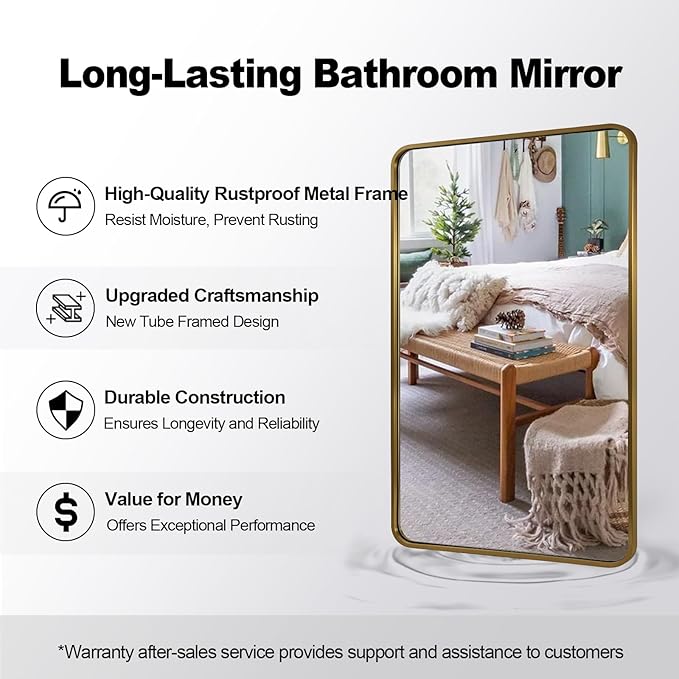 ANDY STAR Brushed Gold Bathroom Mirror 48”X30”, Brass Bathroom Vanity Mirror Rounded Rectangle, SUS304-Anti-Rust Metal Frame Mirror, Wall Mounted Horizontal/Vertical 1’’ Deep