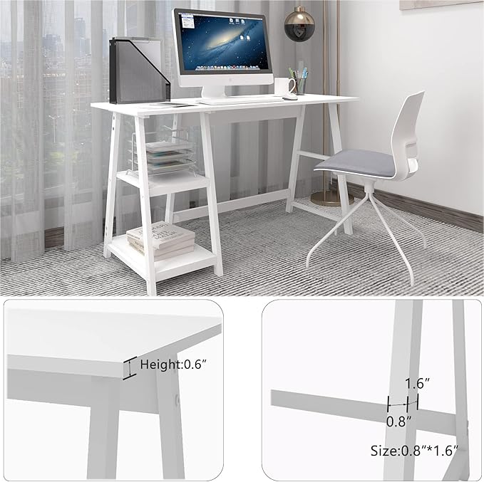 Natwind 47" White Desk with 2-Tier Storage Shelves,Home Office Computer Desk, Study Table for Kids Student Girls,Writing Desk,Modern Simple Basic Desk Workstation for Bedroom Home Office