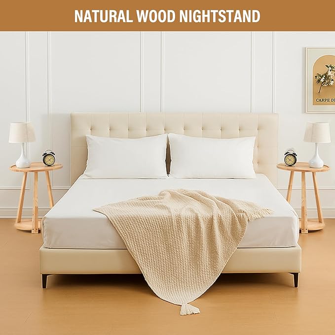 CozyDH Round End Table, Wooden Narrow/Little Coffee/Sofa/Couch SideTable with Lower Shelf for Living Room Bedroom, Solid Wood Bedside Nightstand, Natural