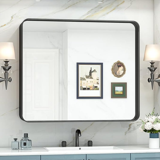 TokeShimi 42x36 Black Bathroom Mirror for Wall Vanity Mirror with Brushed Metal Frame Non-Rusting Aluminum Alloy for Modern Farmhouse Bedroom Living Room Decor (Horizontal/Vertical)