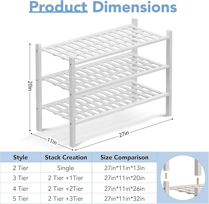 Haddockway 3 Tier Bamboo Shoe Rack Storage Organizer, Multifunctional Free Standing Stackable Shoe Shelf with Grid Panel for Closet,Hallway,Entryway,Small Space 27"x11"x20" (White, 3 Tier)