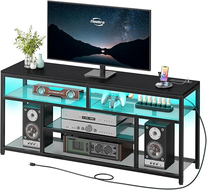 HOOBRO LED TV Stand with Charging Station, 4-Tier Entertainment Gaming Center, Modern Media Console Table, Open Shelves, 55.1"L x 13.8"W x 26.2"H, for TVs up to 65", for Living Room, Black BB47UDDS01