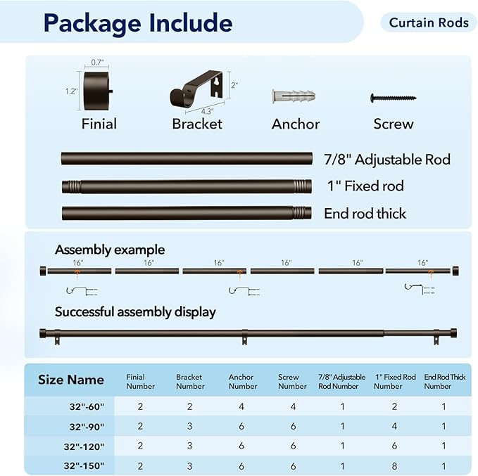 2 Pack Curtain Rods for Windows 28 to 48 Inch(2.3-4ft), 1 Inch Bronze Curtain Rods Set, Adjustable Heavy Duty Curtain Rod for Patio Bedroom Living Room, Modern Drapery Rods, Size 32"- 60"