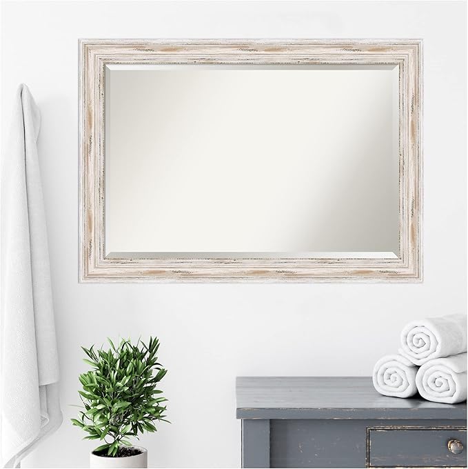 Amanti Art White Bathroom Mirror for Over Sink, 29x41 Alexandria White Wash Rectangle Vanity Mirror, Large Coastal Wood Frame, Hangs Horizonally and Vertically, Bathroom Wall Decor, Beveled Edge