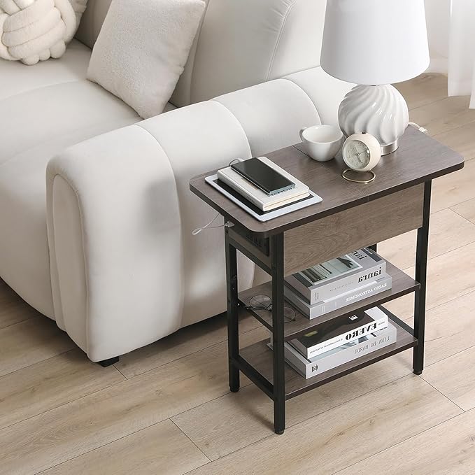 Modern End Table with Charging Station, Narrow Side Table with USB Ports & Outlets, Flip-Top Nightstand with Storage Shelf, Small Bedside Table for Living Room, Bedroom, Small Space, Charcoal Gray
