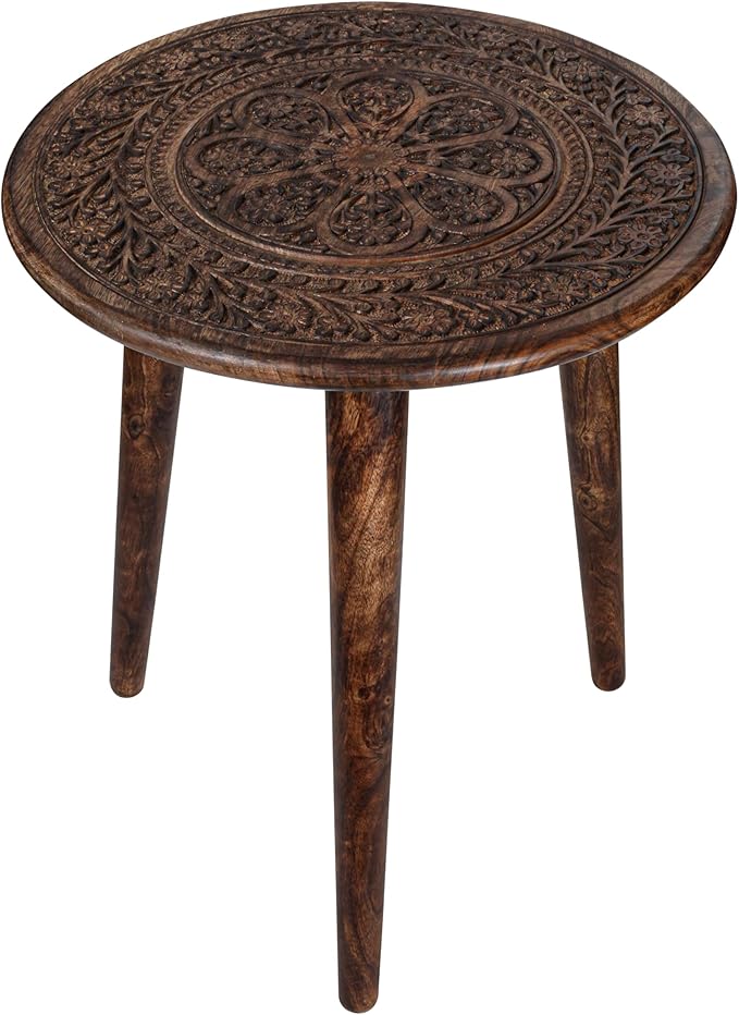 Wooden Table with 3 Legs Pillar,Carving End Tables,Round Coffee Table for Livingroom,Entryway Table,Living Room Side Table for Magazines,Books and Plants - 18"x22" - Burnt