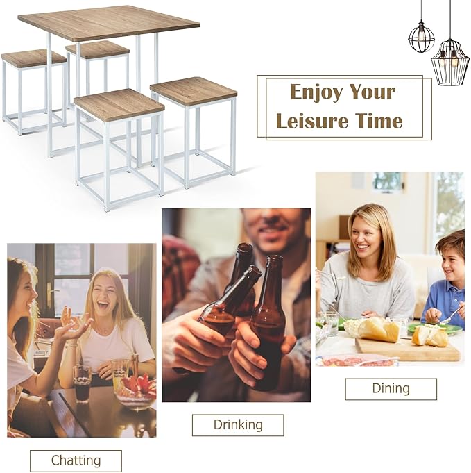 Giantex 5 Piece Dining Table Set, Dining Set for 4 with Square Stools, Small Kitchen Table Set with Metal Frame, Compact Design for Small Space, Home Kitchen Bar Pub Apartment