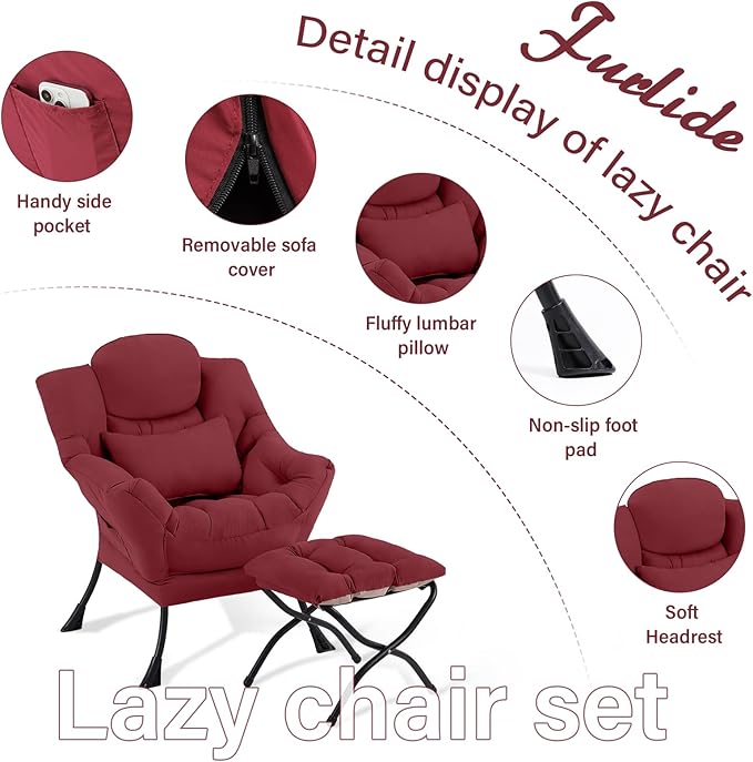 Lazy Chair with Ottoman, Comfy Fabric Accent Lounge Armchair with Lumbar Pillow and Folding Footrest, Reading Leisure Sofa Chair for Bedroom, Living Room, Dorm,Burgundy