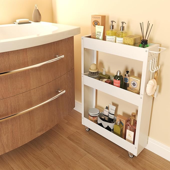 Slim Storage Cart, 5 in Width, 3-Tier White Rolling Cart with Handle for Kitchen Bathroom Laundry Narrow Places
