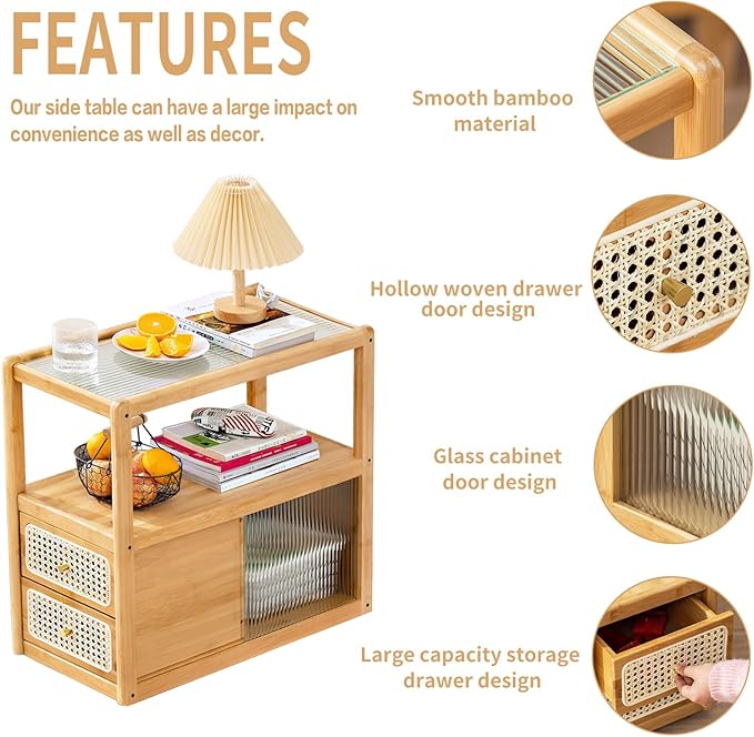 Tiita Rattan Nightstand Side Table, Bamboo Accent Bedside Tables, Glass Coffee Tables, Boho Wooden End Table with Storage for Small Space, Living Room and Bedroom