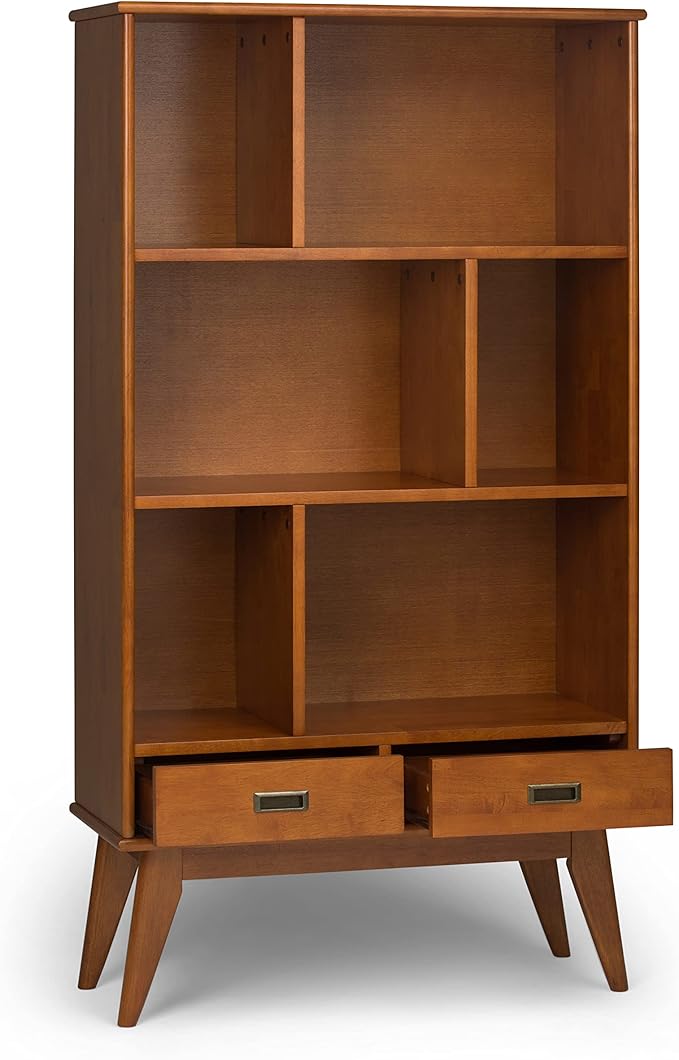 SIMPLIHOME Draper 35 inch Mid-Century Modern 6 Cubbie Bookcase with Drawer (Set of 2) in Teak Brown for The Living Room, Study Room and Office