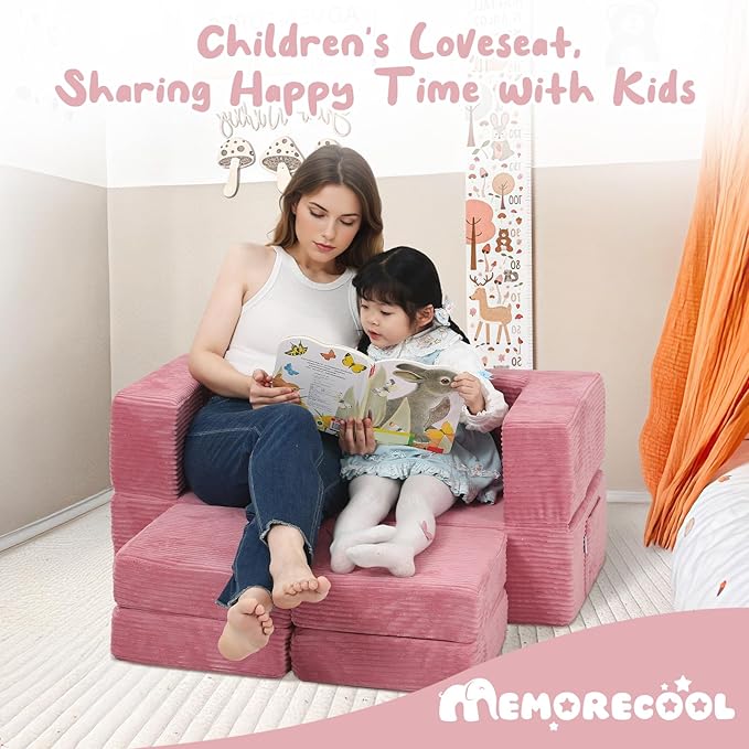 MeMoreCool Modular Kids Couch, Corduroy Play Toddler Couch for Bedroom Playroom Furniture, Convertible Foam Kids Sofa Bed, Fold Out Baby Sofa for Girl Boy, Pink