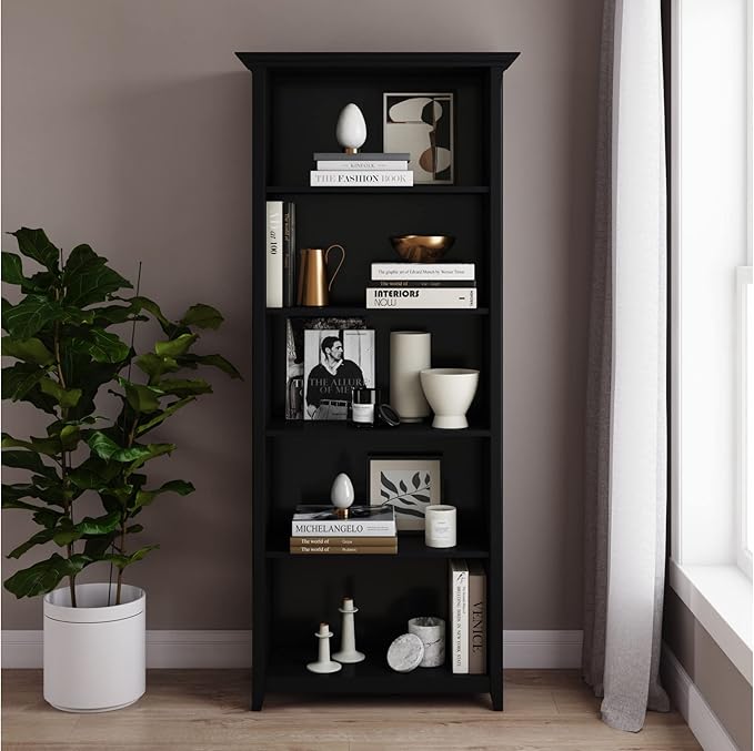 SIMPLIHOME Amherst Bookcase - 70 inch Tall 5-Shelf Solid Wood Bookshelf in Black, Transitional Storage for Living Room, Study Room or Office with Adjustable Shelves and Tapered Legs