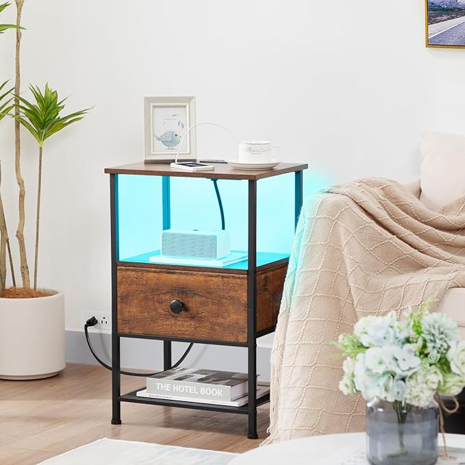 Night Stand Set 2, LED Nightstand with Charging Station, End Tables Living Room with Fabric Drawer for Small Spaces, Side Tables with Storage Shelf for Bedroom, Rustic Brown HETS01PQBR