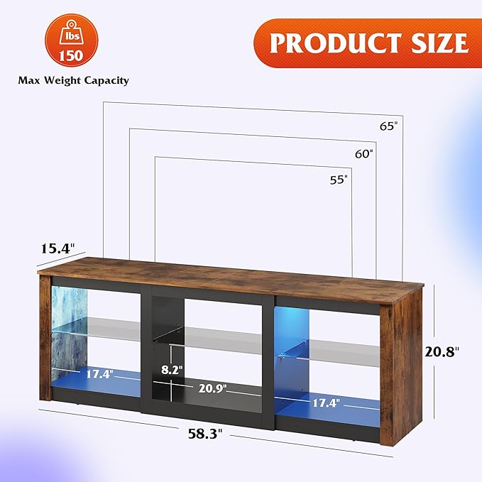 WLIVE LED TV Stand for 65 Inch TV, Modern Entertainment Center with Adjustable Glass Shelves & Customizable LED Lights, Sturdy Media Console for Living Room, Bedroom,Gaming (Brown)