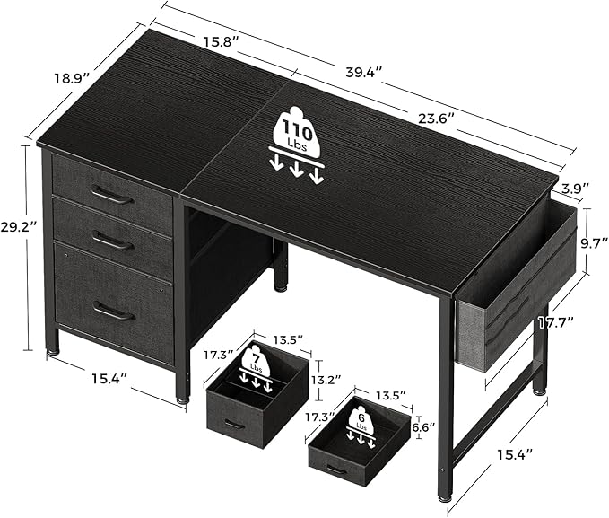 Casaottima 40" Small Computer Home Office Desk for Bedroom with Fabric Drawers & File Cabinet, Cloth Storage Bag and Hook, Writing Study Work Table for Small Space, Black