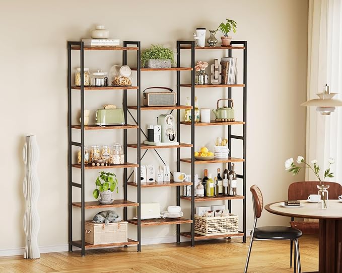 Casaottima Triple 6 Tier Bookshelf, Large Bookcase with 17 Open Display Shelves, Modern Industrial Book Shelves Book Case for Bedroom, Wide Standing Shelving Unit for Living Room Home Office, Vintage