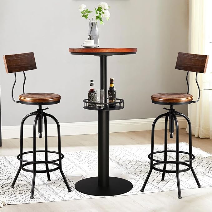 LOKKHAN Industrial Bar Stool-26-32 Inch Adjustable Swivel Round Wood Metal Kitchen Stool Rustic Farmhouse Counter Height Extra Tall Bar Height Stool-Arc-Shaped Backrest,Welded,Set of 2
