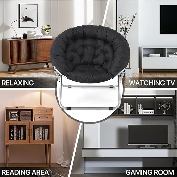 MoNiBloom Round Folding Saucer Chair for Bedroom Living Room Dorm Foldable Metal Frame Comfy Soft Lounge Lazy Cozy Moon Chair for Teens (Black)