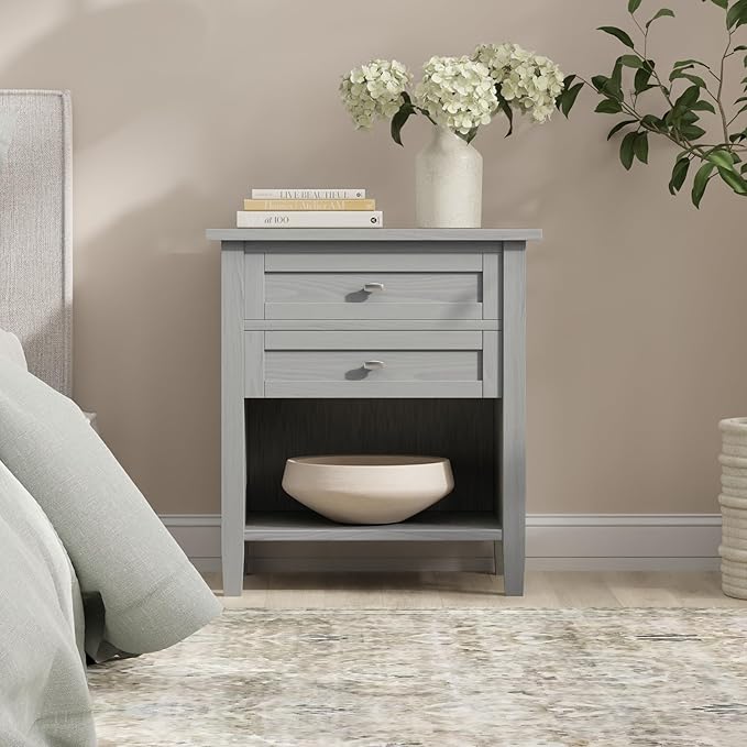 SIMPLIHOME Warm Shaker SOLID WOOD 24 Inch Wide Transitional Bedside Nightstand Table in Fog Grey, For the Living Room and Bedroom
